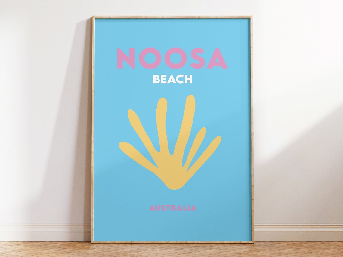 Noosa Beach Australia Blue with Yellow Seashell Travel Poster - Image 3