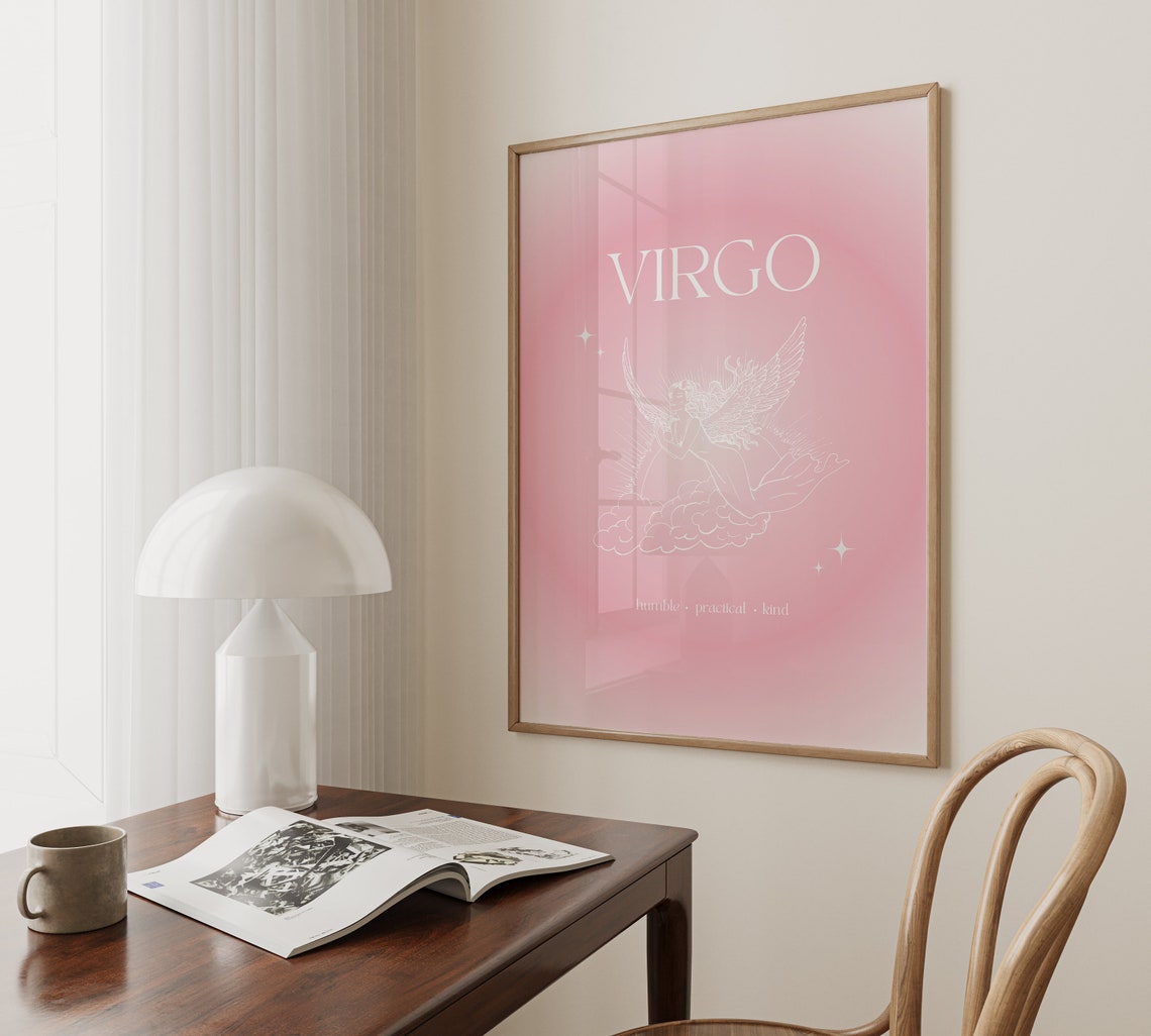 Virgo Zodiac Angel Pink Gradient Aura White Line Star Poster - Image 4