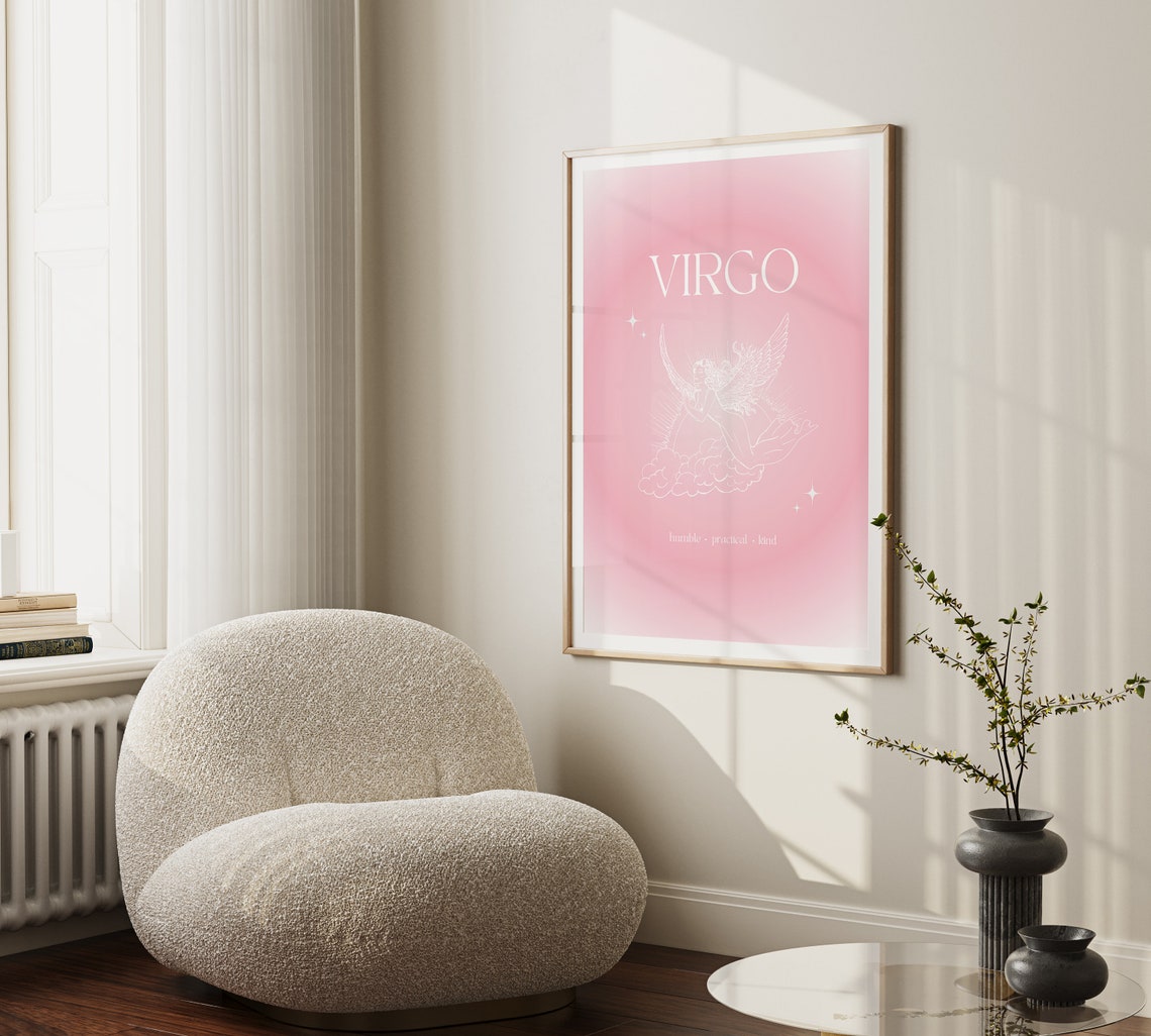 Virgo Zodiac Angel Pink Gradient Aura White Line Star Poster - Image 3