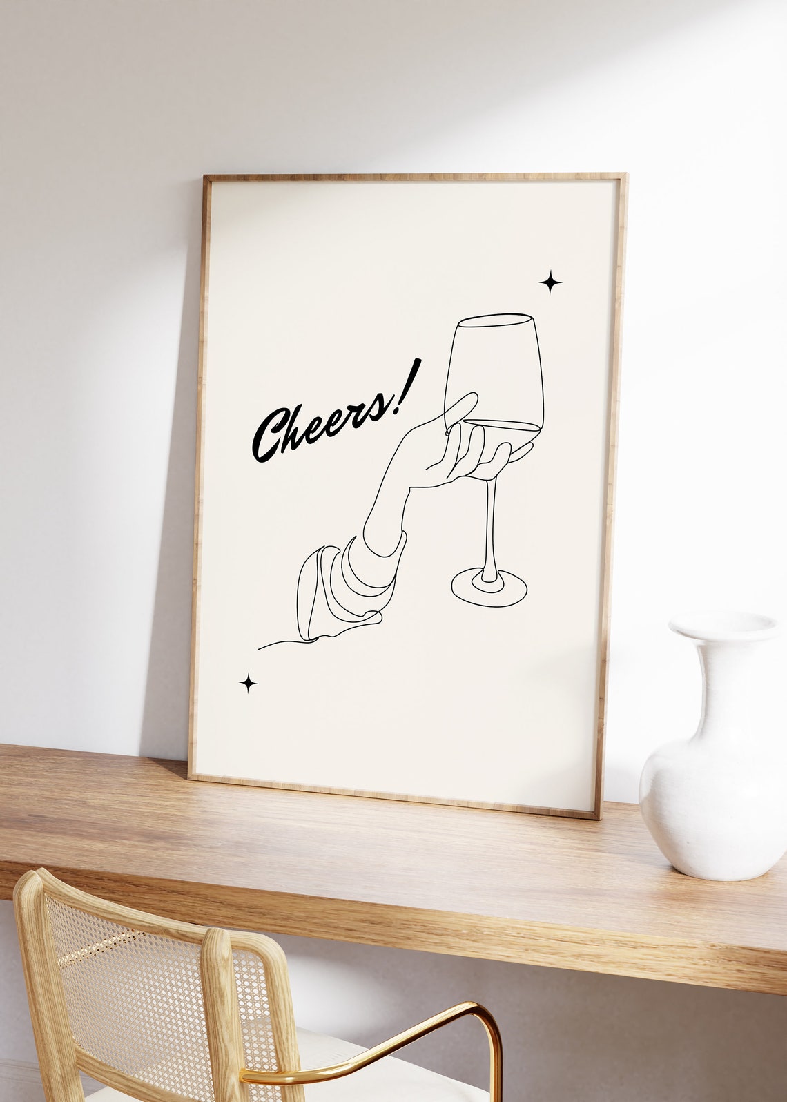 Cheers Wine Glass Minimalist Line Art Hand Toast Bar Cart Poster - Image 2