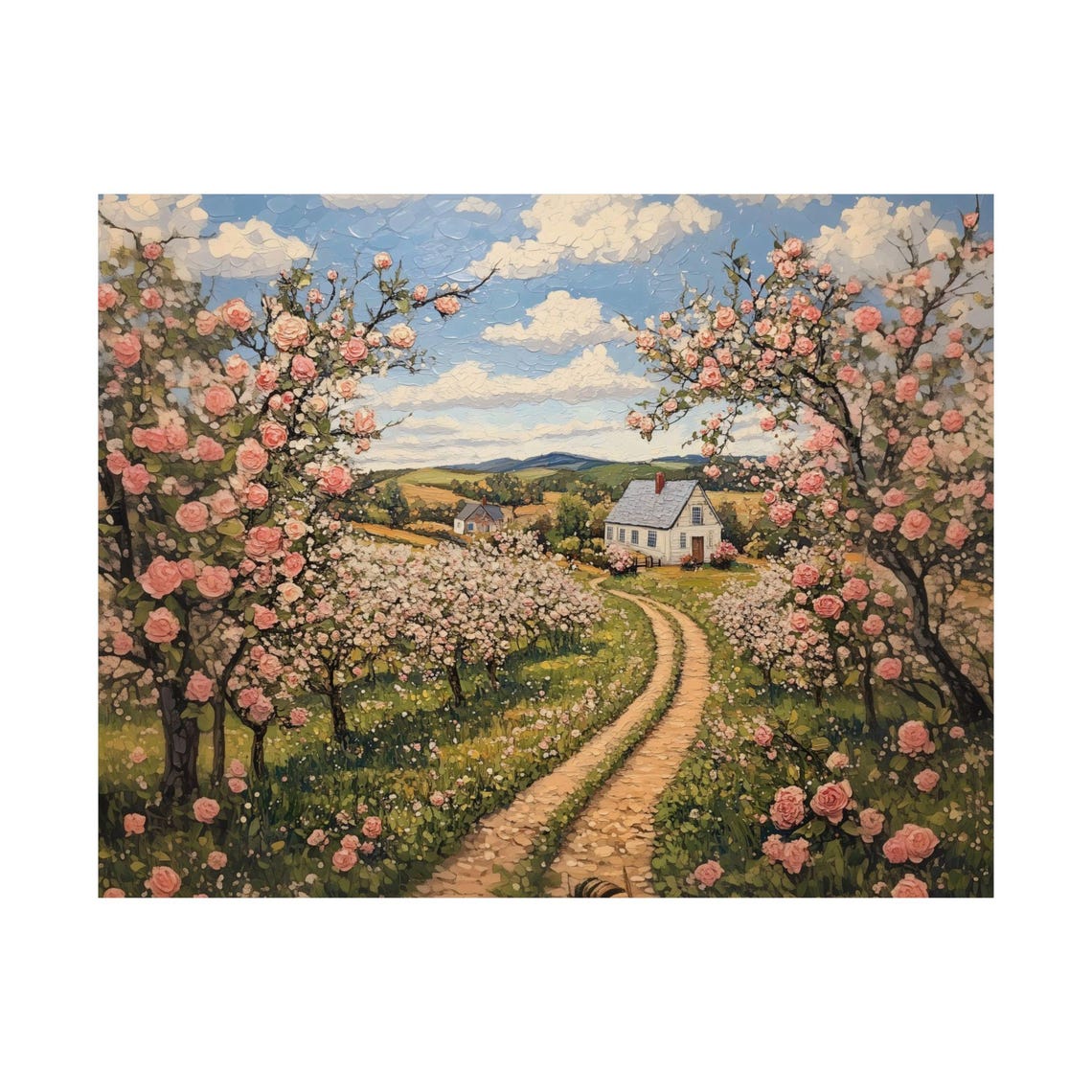 Spring Orchard Blossom Oil Painting White Farmhouse Path Poster - Image 3
