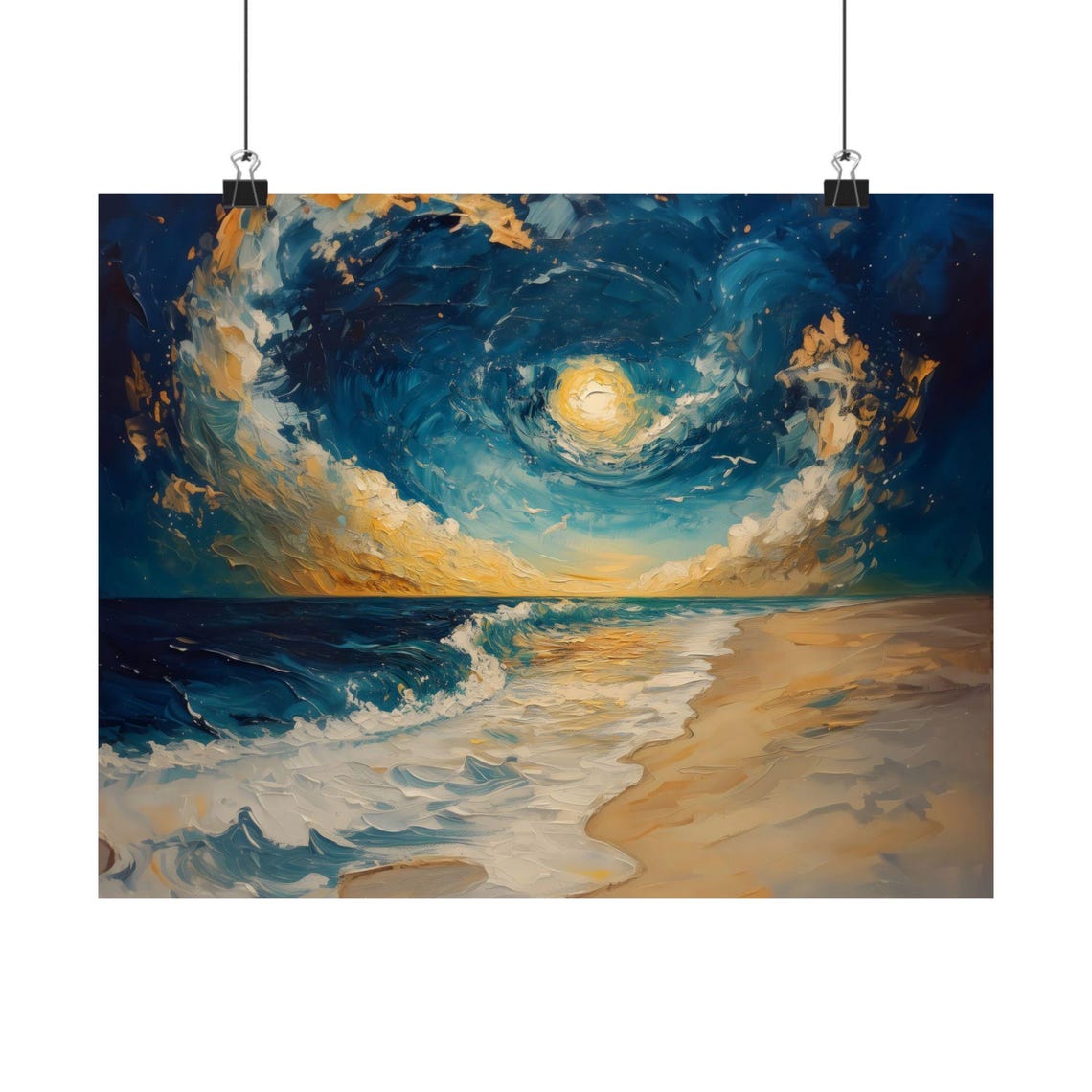 Moonlit Starry Night Beach With Swirling Golden Clouds Ocean Poster