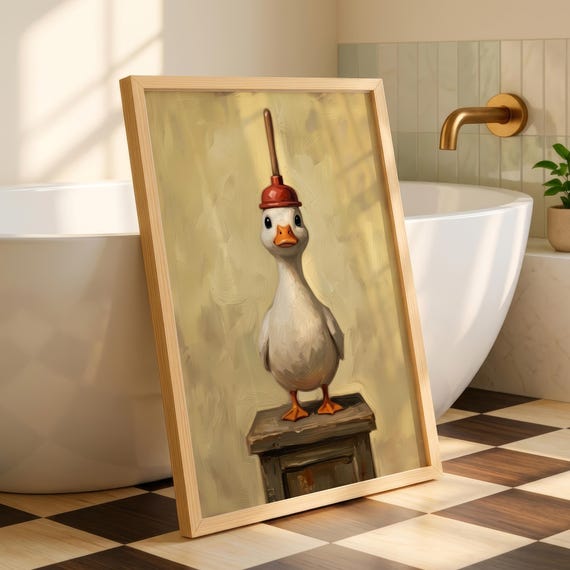 Duck With Plunger Art Print Funny Bathroom Quirky Guest Decor Cute Yellow Poster Whimsical Powder Room Digital Download