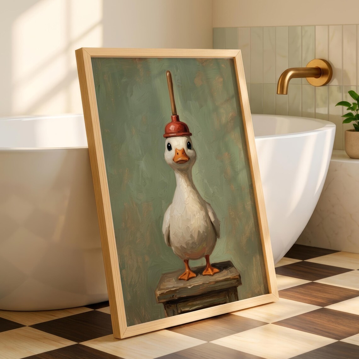White Duck With Red Plunger, Funny Bathroom Art Print