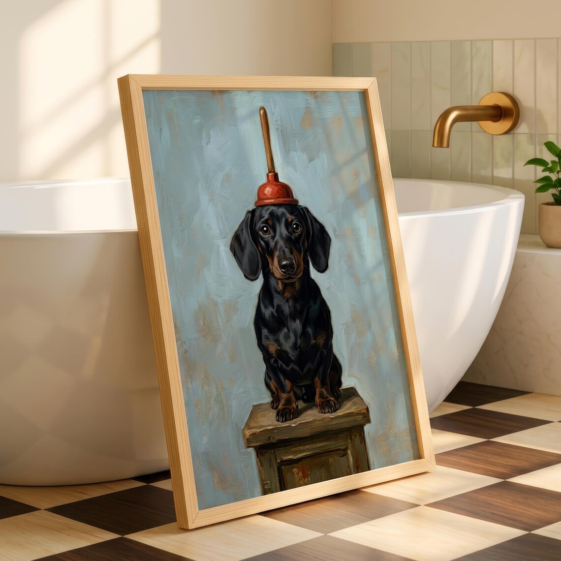 Funny Dachshund Dog With Plunger Hat Quirky Bathroom Wall Art