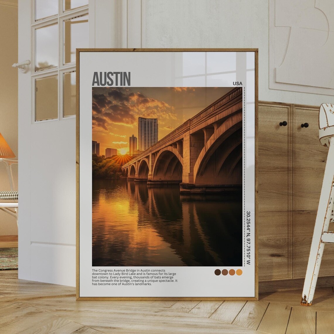 Austin Texas Congress Avenue Bridge Sunset View Travel Poster