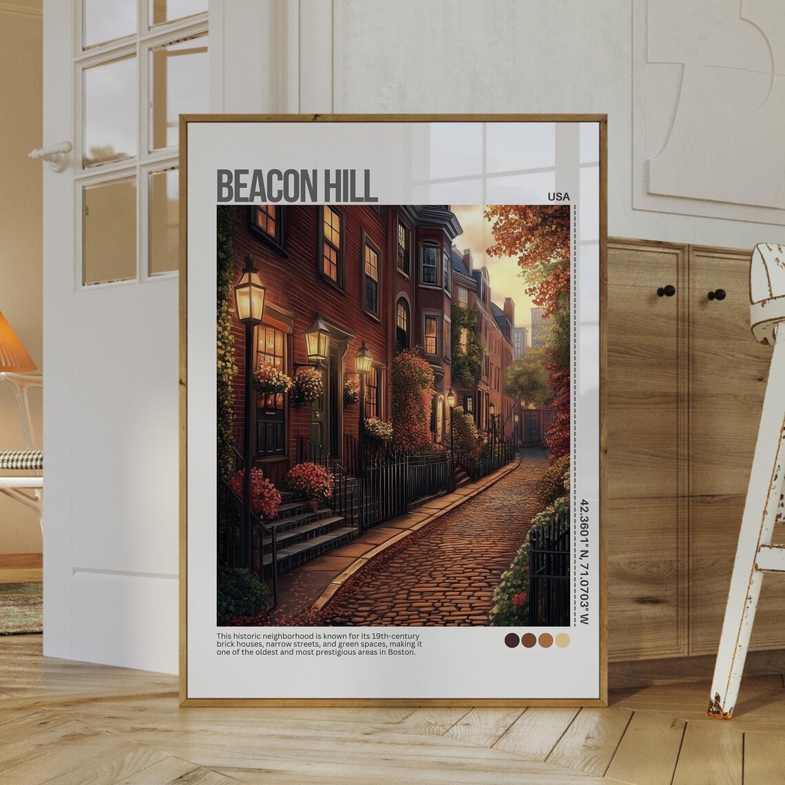 Beacon Hill Boston Historic Brick Street Autumn Travel Poster