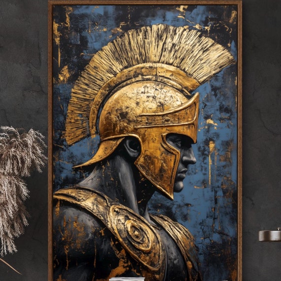 Spartan Warrior Art Print Bold Gold Helmet Ancient Warrior Decor Greek Mythology Print For Living Room Or Above Bed