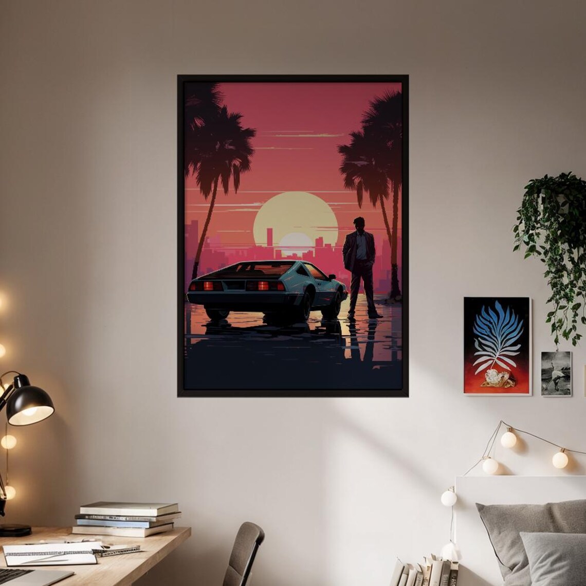 Retro Sports Car Synthwave Sunset City Palm Tree Street Poster