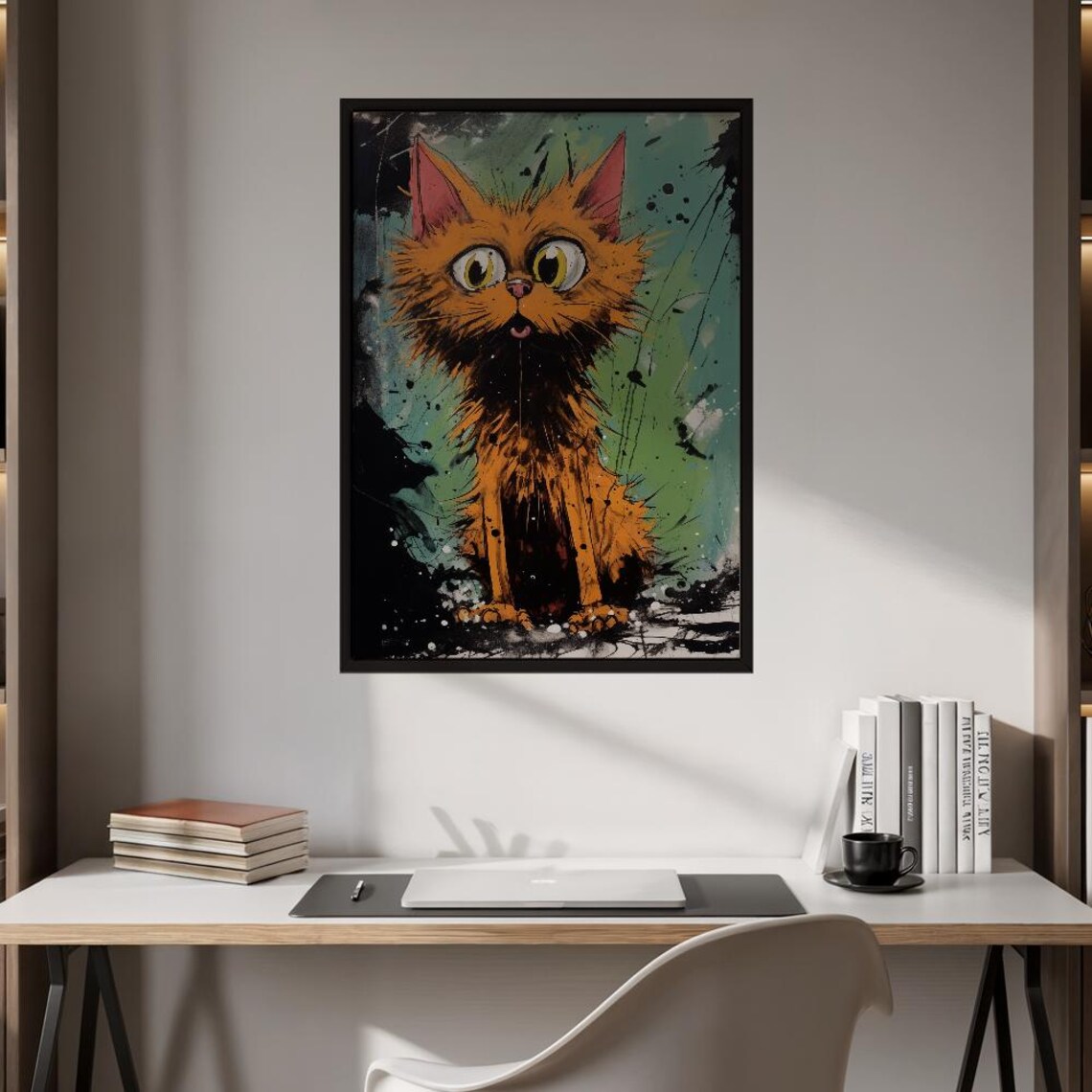 Curious Orange Cat Wide Eyes Expressive Street Art Quirky Feline Portrait Poster
