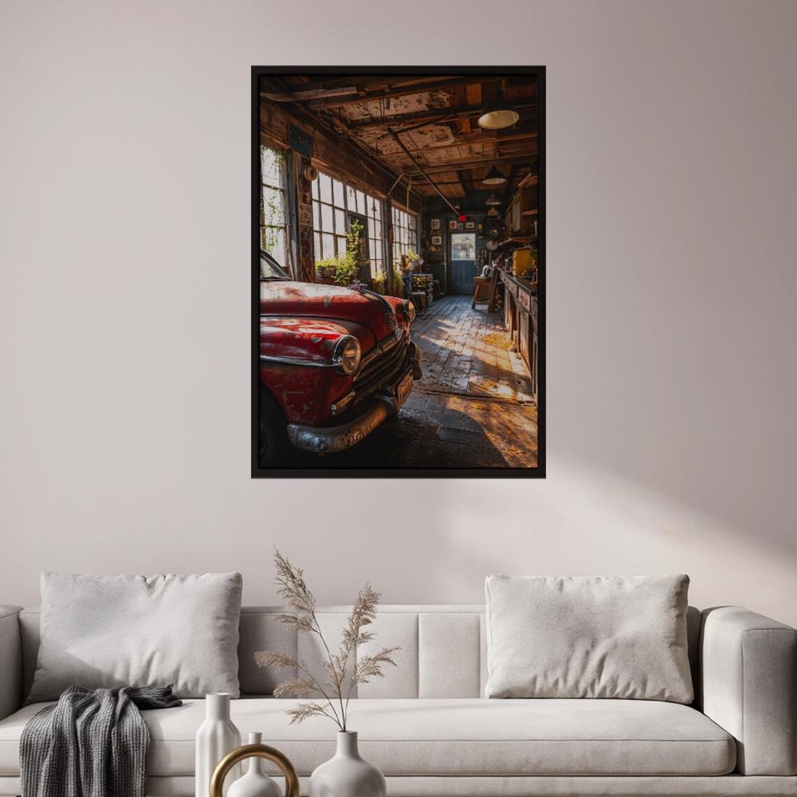 Vintage Red Classic Car In Sunlit Rustic Garage Nostalgic Automotive Poster