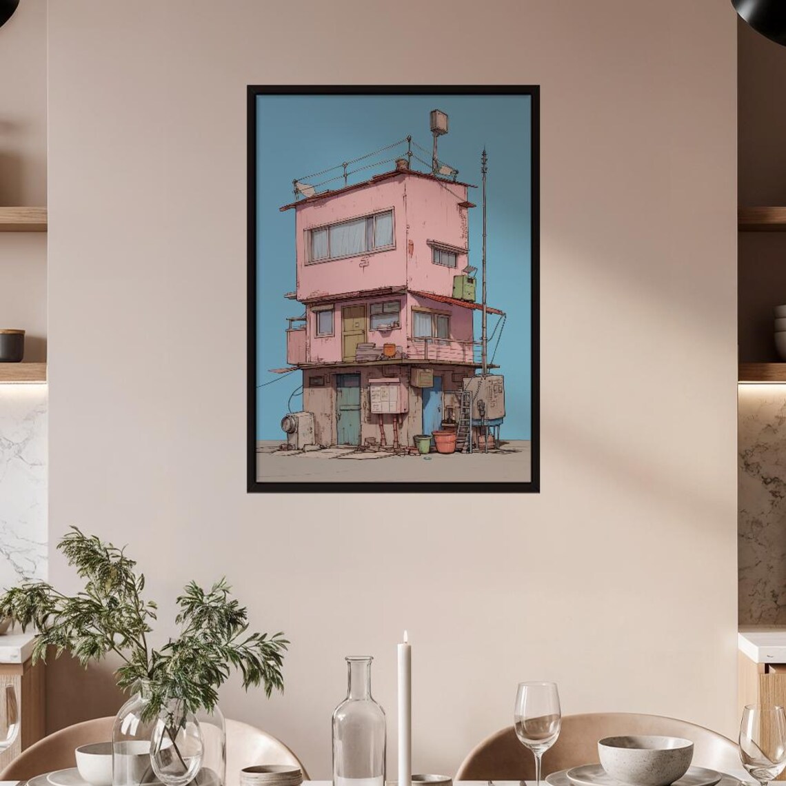Whimsical Pink Building Anime Style Apartment Illustration Poster