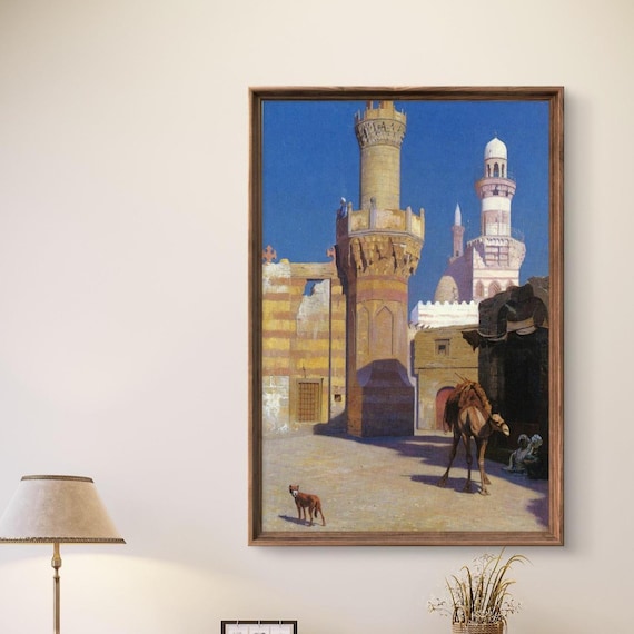 Vintage Cairo Camel Minaret Street Scene Orientalist Art Poster