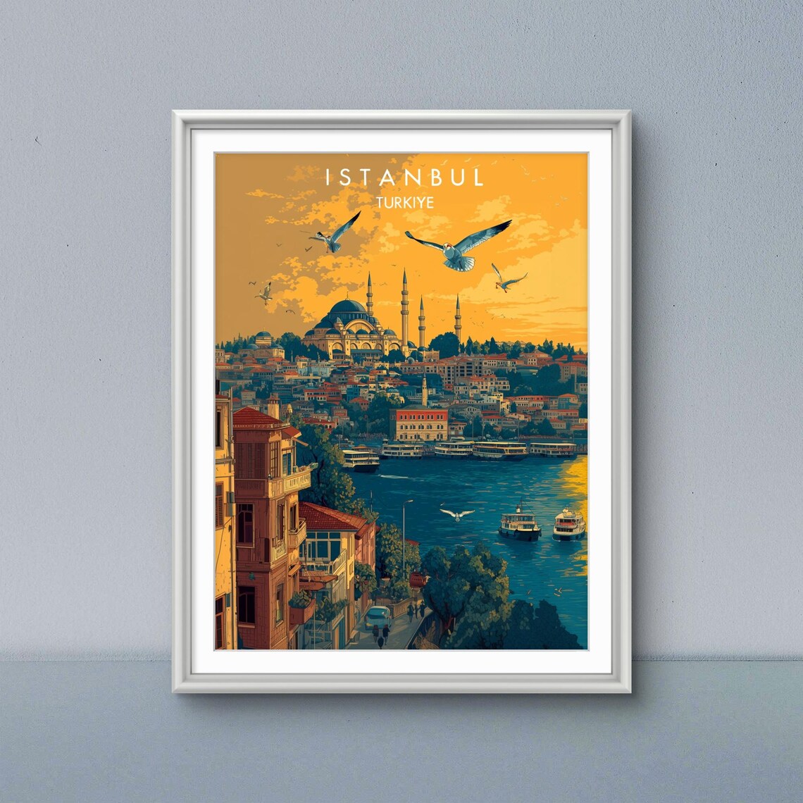 Istanbul Turkiye Sunset Travel Poster Golden Horn Seagull Mosque View