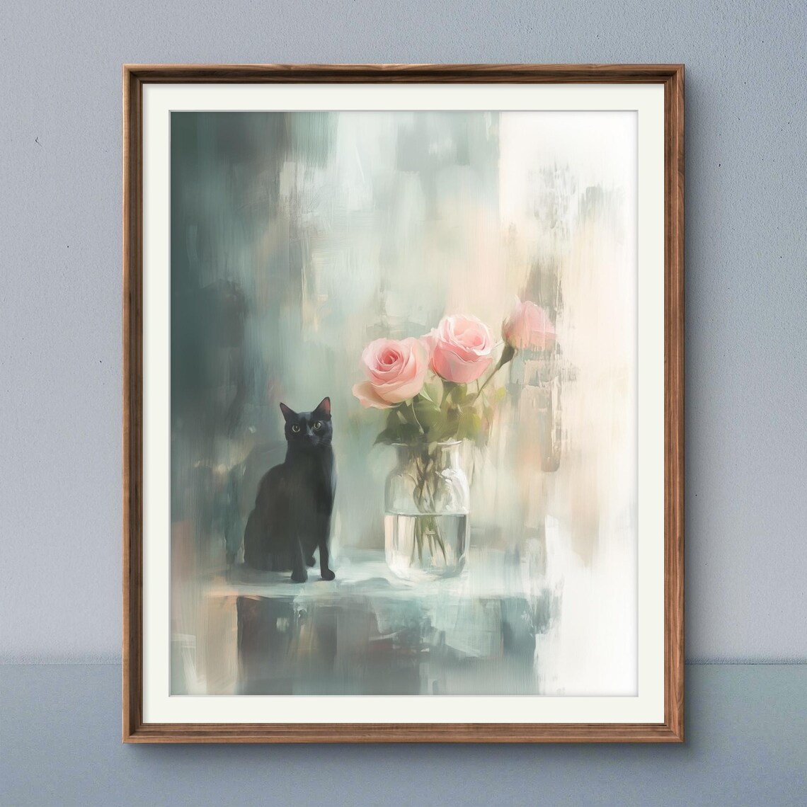 Black Cat and Pink Roses Romantic Floral Art Print