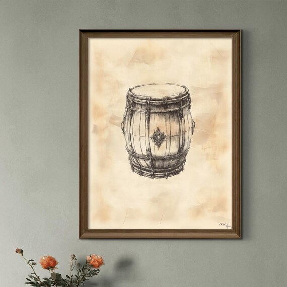Vintage Punjabi Dholak Drum Sketch Folk Instrument Art Poster