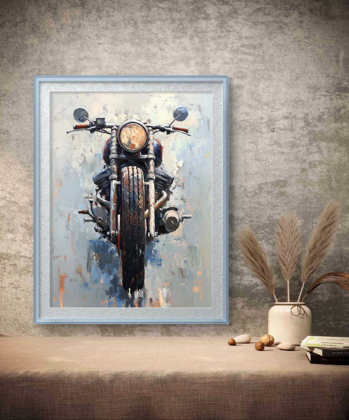 Vintage Motorcycle Headlight Painting Blue Gray Garage Art Poster