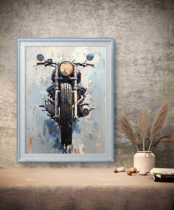 Vintage Motorcycle Headlight Painting Blue Gray Garage Art Poster