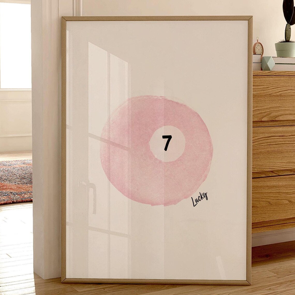 Pink Lucky Number 7 Ball Watercolor Poster with Minimalist Style