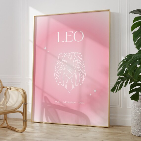 Leo Zodiac Lion Pink Gradient Aura White Line Art Star Poster