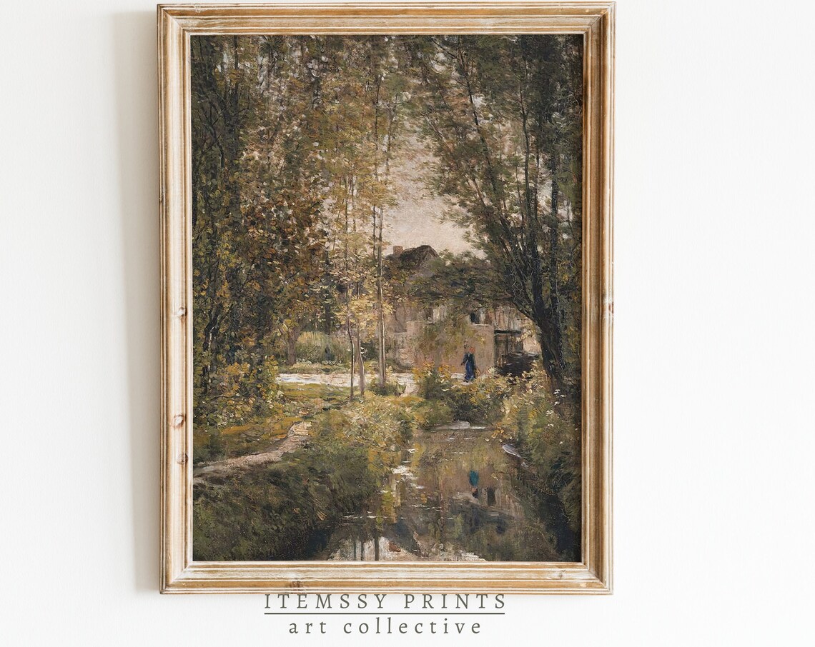 Vintage Stream Through Woodland Country House Oil Painting Summer Poster