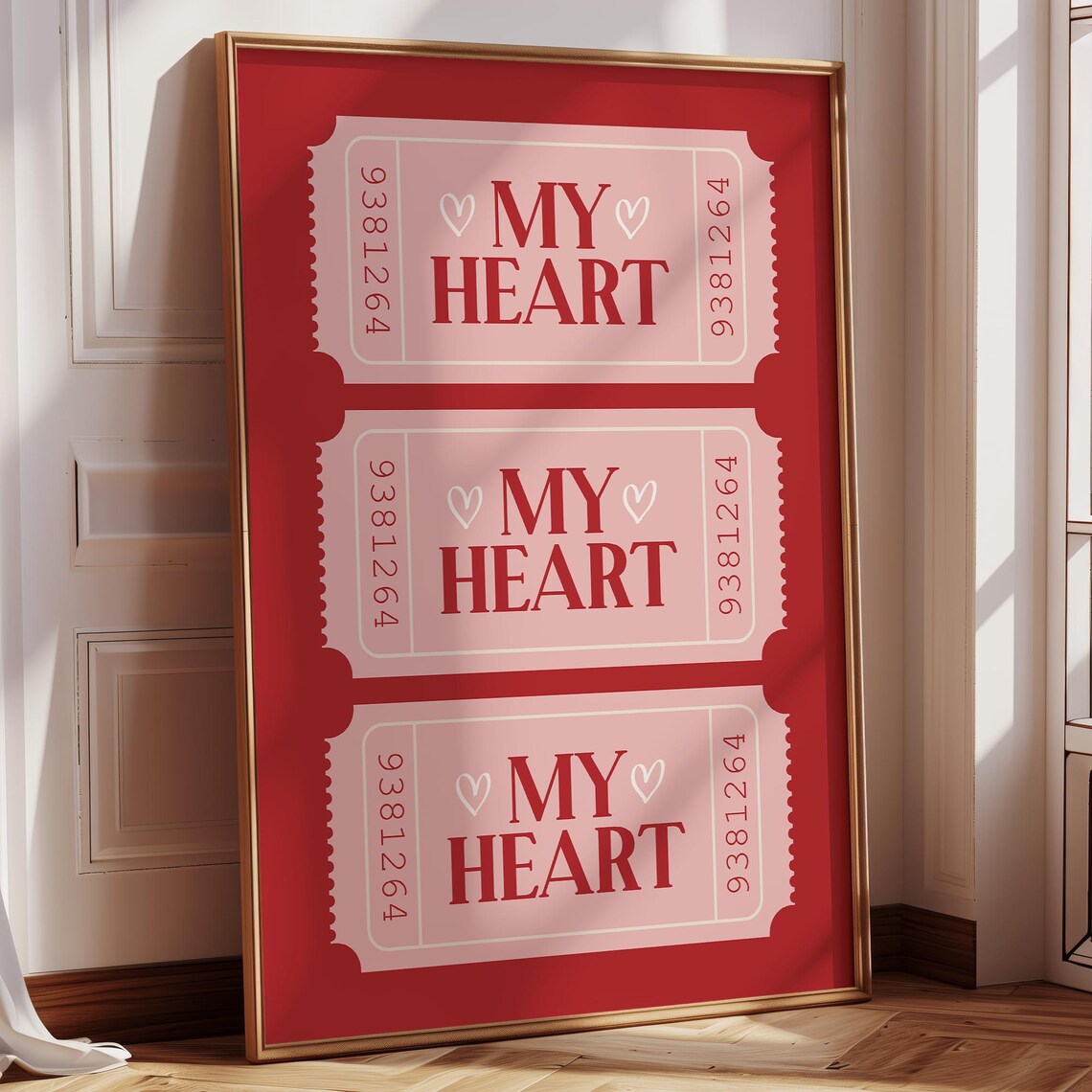 My Heart Retro Movie Ticket Stubs Red Pink Valentines Love Poster