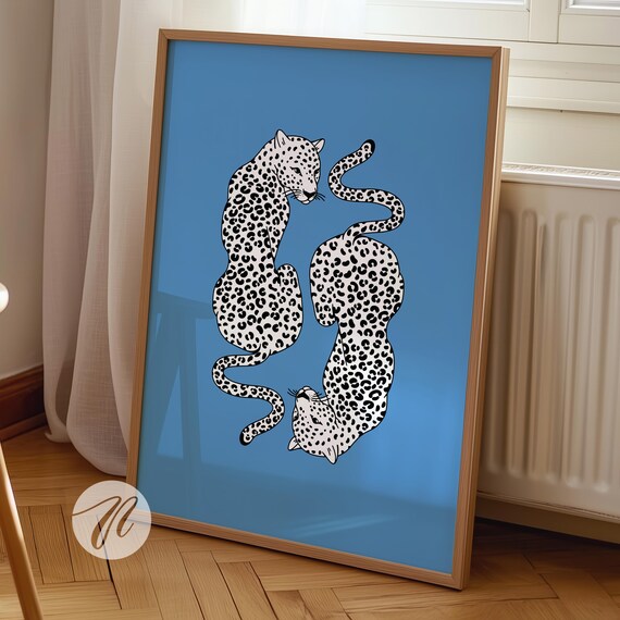 Blue Cheetah Print Trendy Retro Wall Art Poster Apartment Decor Preppy Room College Dorm