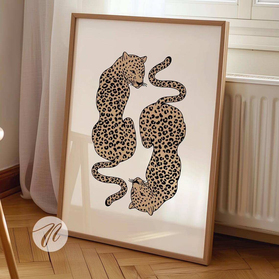 Two Playful Cheetahs In A Stylized Minimalist Neutral Decor Print