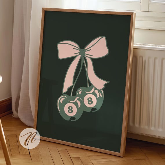 8 Ball Cherry Bow Poster Hand Illustrated Wall Art Prints Trendy Preppy Room Coquette Pink And Green College Apartment Decor