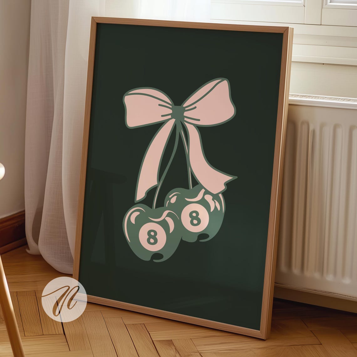 Green 8 Ball Cherries Pink Bow Dark Green Coquette Wall Poster