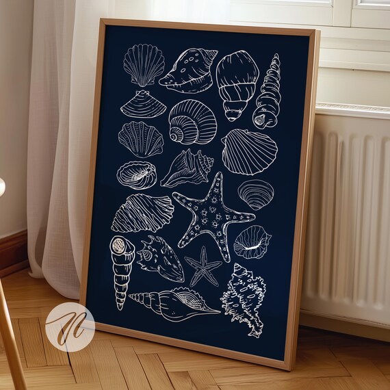 Navy Seashell Line Art White Sketch Coastal Starfish Wall Poster