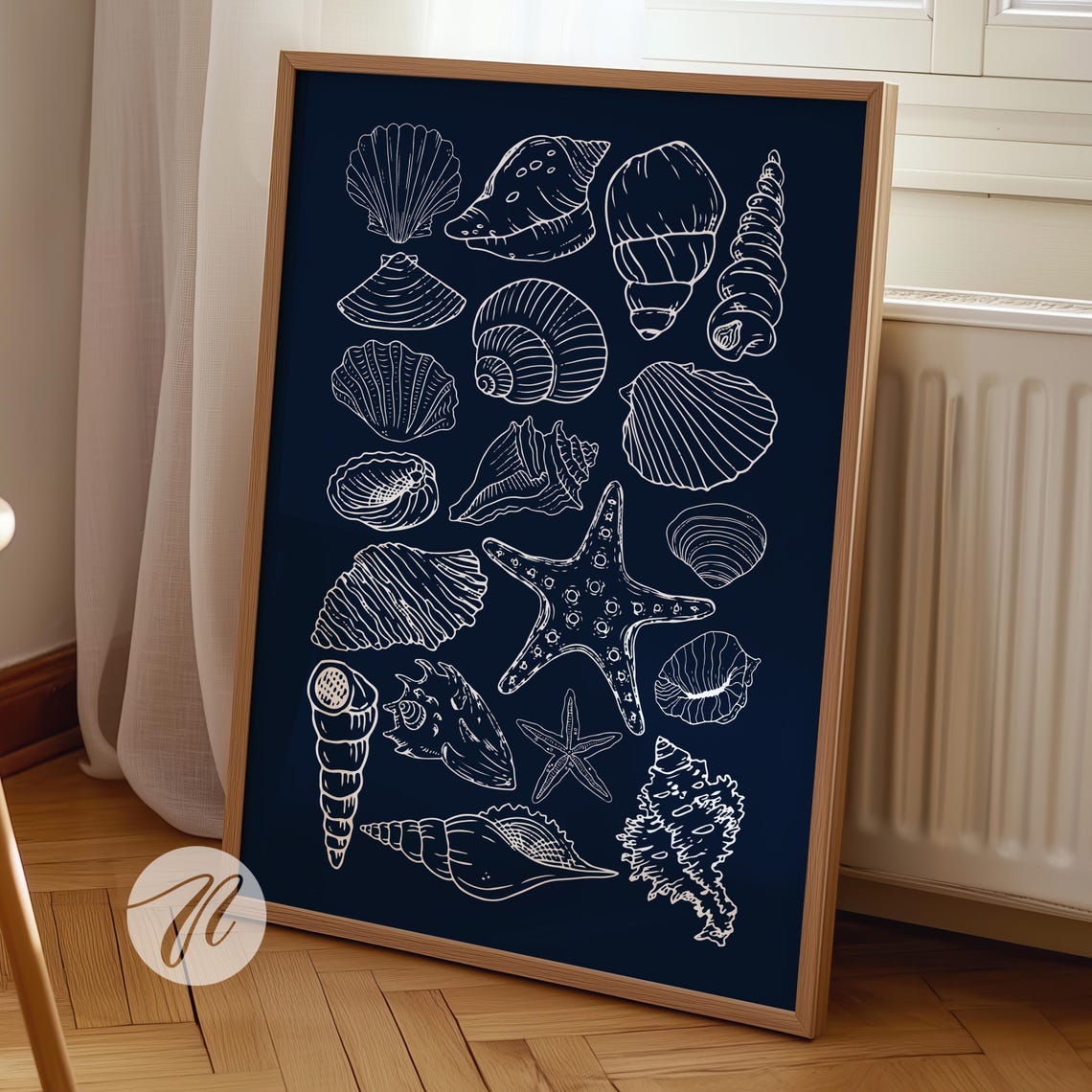 Navy Seashell Line Art White Sketch Coastal Starfish Wall Poster