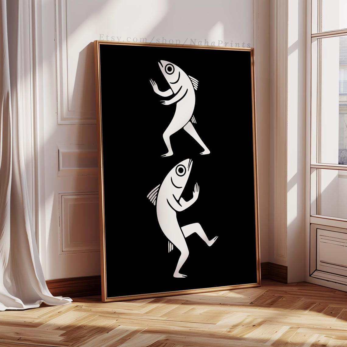Kung Fu Sardines Dancing Fish Black and White Minimalist Poster