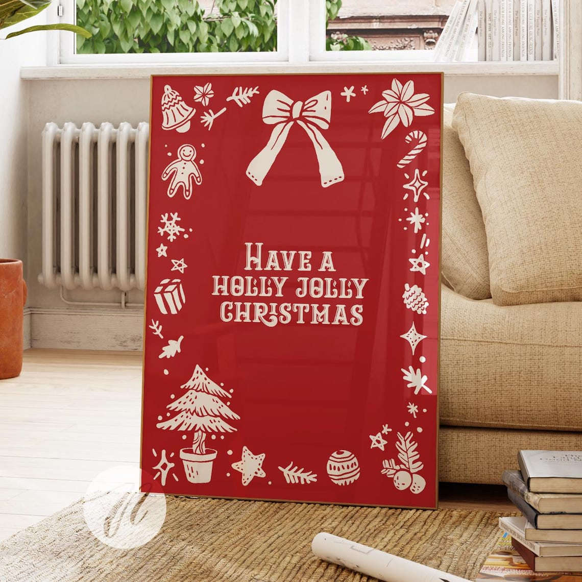 Holly Jolly Christmas Poster, Red Vintage Holiday Doodle Wall Decor