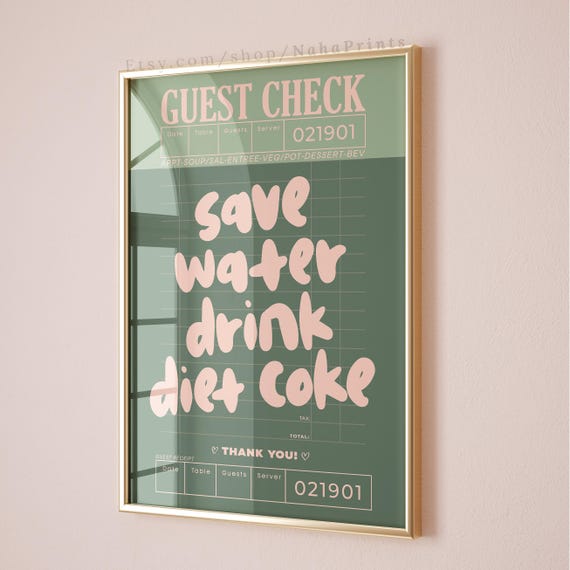 Guest Check Prints Trendy Wall Art Sage Green And Pink Poster Preppy Decor Retro Bar Cart