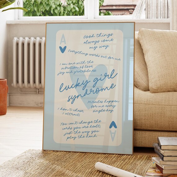 Lucky Girl Syndrome Ace Of Hearts Card Poster Trendy Wall Art Light Blue Retro Affirmations Preppy Apartment Decor