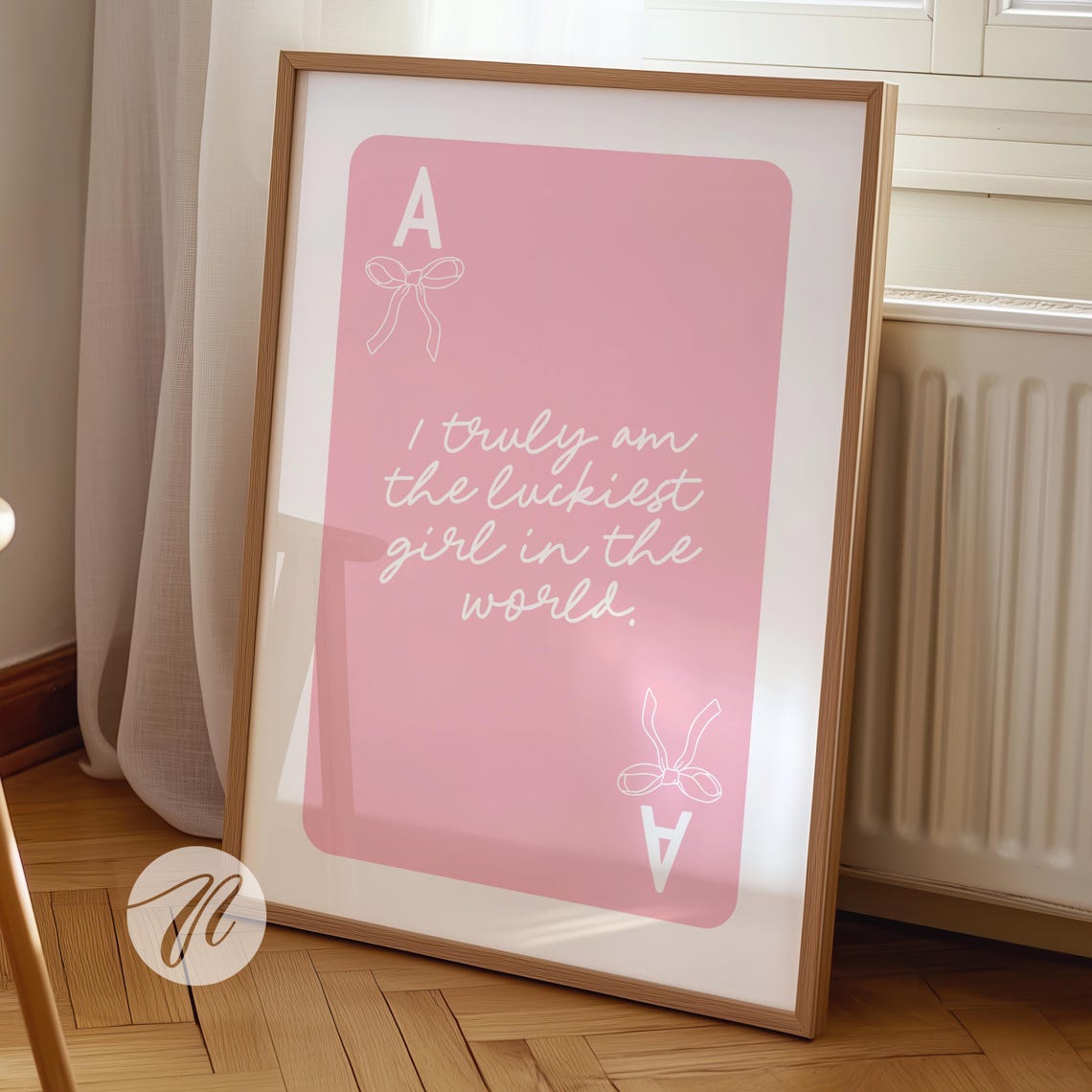 Pink Ace of Hearts Card Poster with Lucky Quote and Bows Girly Decor