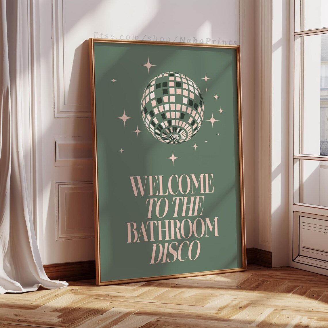 Bathroom Disco Print, Sage Green Pink Minimalist Art Print