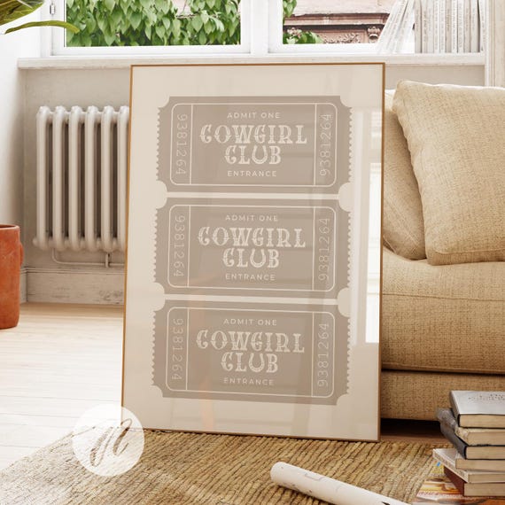 Western Art Print Decor Southwestern Wall Ranch Neutral Beige Tan Cowgirl Ticket Poster Lucky Horseshoe