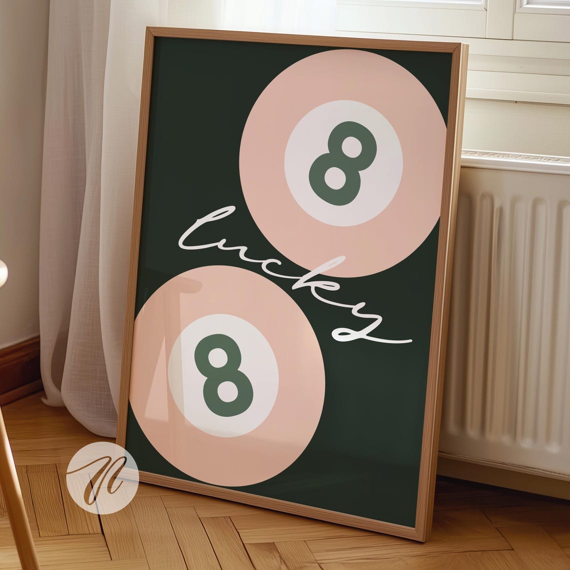 Lucky 8 Ball Dark Green Pink Retro Pool Billiards Y2K Poster