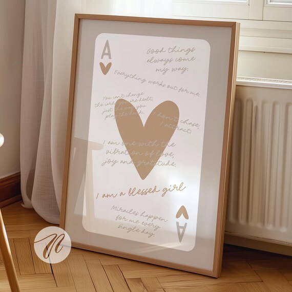 I Am A Blessed Girl Ace Of Hearts Card Poster Trendy Wall Art Beige Tan Prints Retro Bar Cart Preppy Funky Apartment Decor