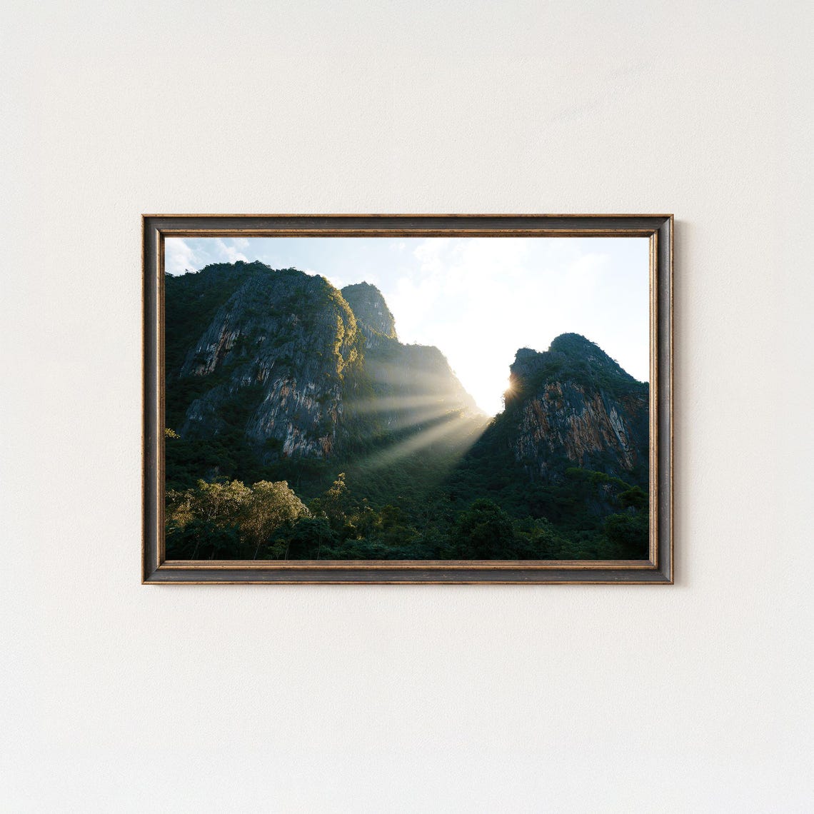 Sunlight Breaking Through Limestone Karst Mountains Nature Poster
