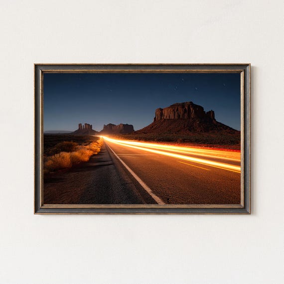 Monument Valley Road Print Night Highway Light Trails Art