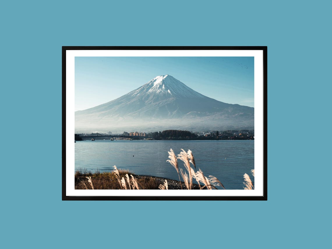 Mount Fuji Japan Serene Lake View With Pampas Grass Photo Print