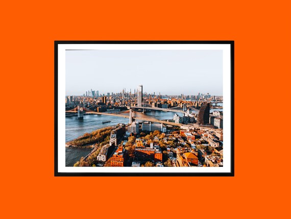 Brooklyn Bridge New York City Aerial Skyline Poster at Golden Hour