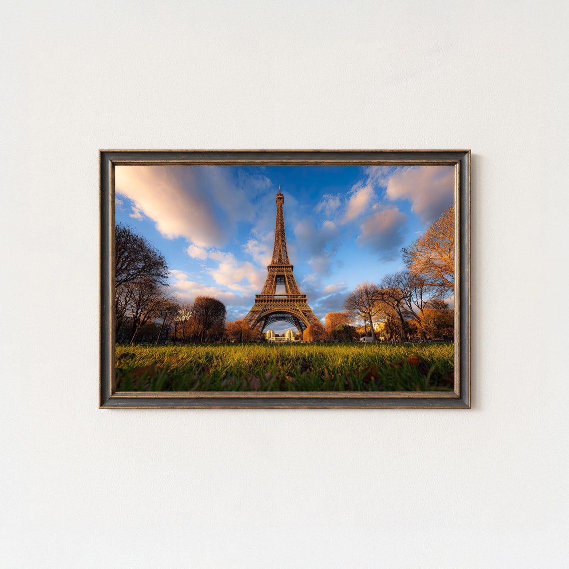 Eiffel Tower Glowing at Sunset Over Paris Gardens Golden Light Poster
