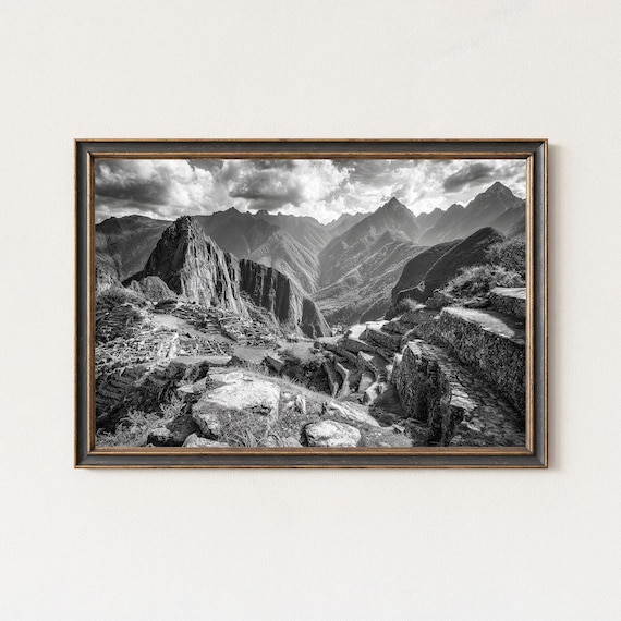 Machu Picchu Ancient Inca Ruins Black and White Photo Poster