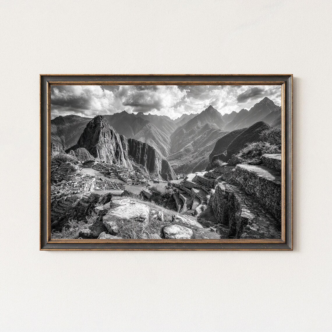 Machu Picchu Ancient Inca Ruins Black and White Photo Poster