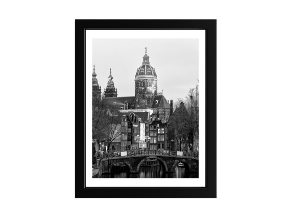 Amsterdam Black And White Canal Bridge Church Dome Photo Poster