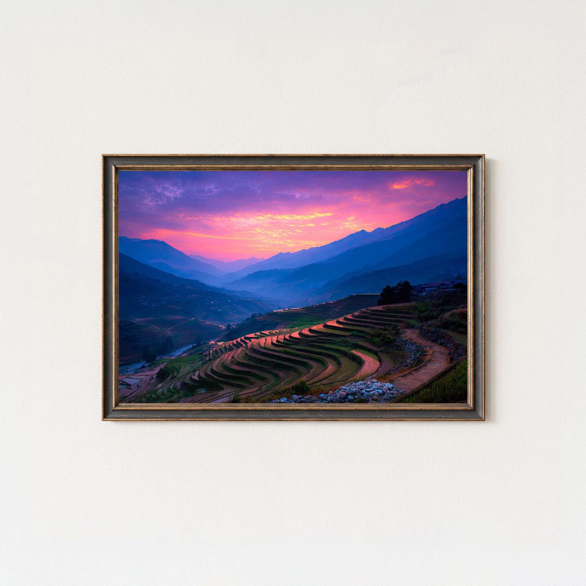 Terraced Rice Fields Sunrise Purple Mountain Landscape Poster